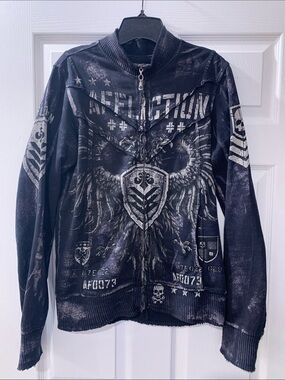 Affliction Black Zip-Up Graphic Sweater with White Crest Wings